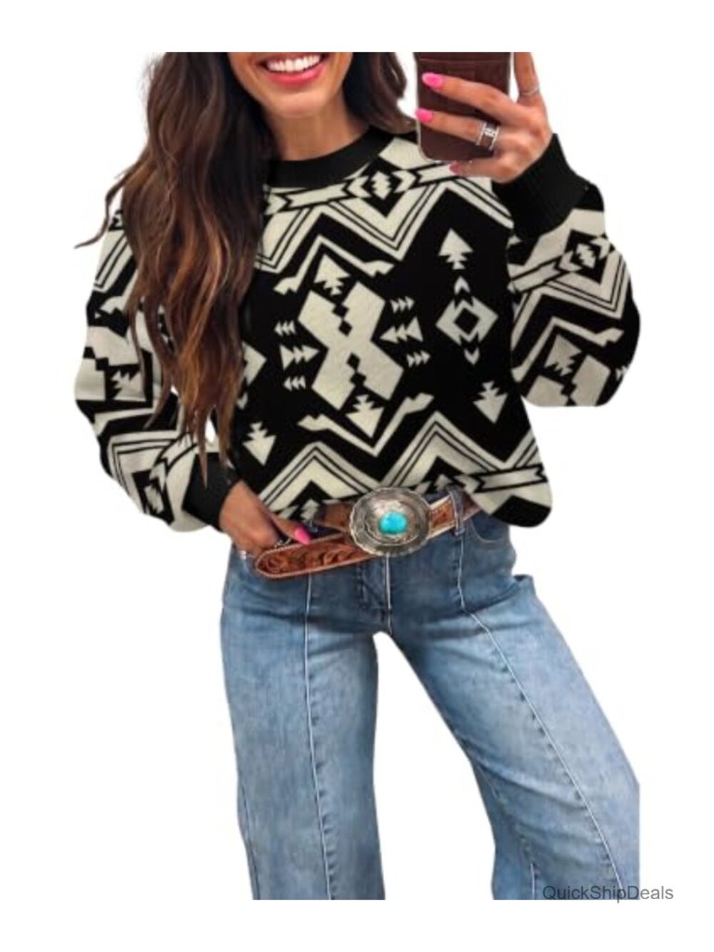 Women's Western Pullover Sweater Long Sleeve Crew Neck Boho Drop Shoulder